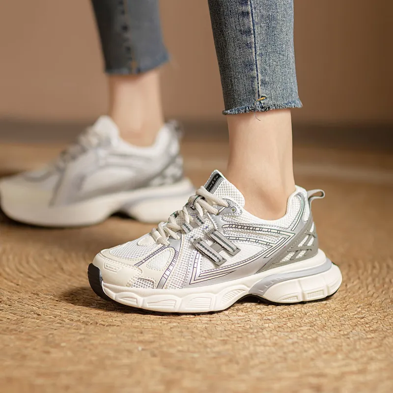 WESTLINK Lightweight Height Increasing Low Top Chunky Sneakers Women's Ecru/Gray-5