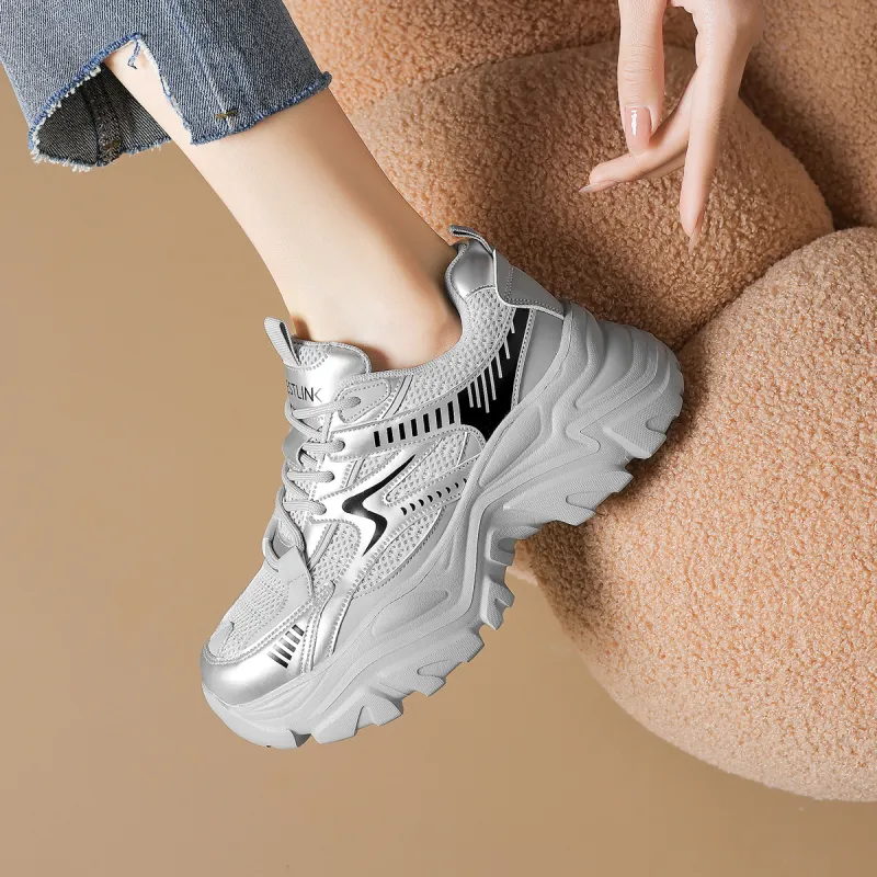 WESTLINK Abrasion Resistant Low Top Chunky Sneakers Women's Silver Gray-2