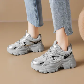 WESTLINK Abrasion Resistant Low Top Chunky Sneakers Women's Silver Gray