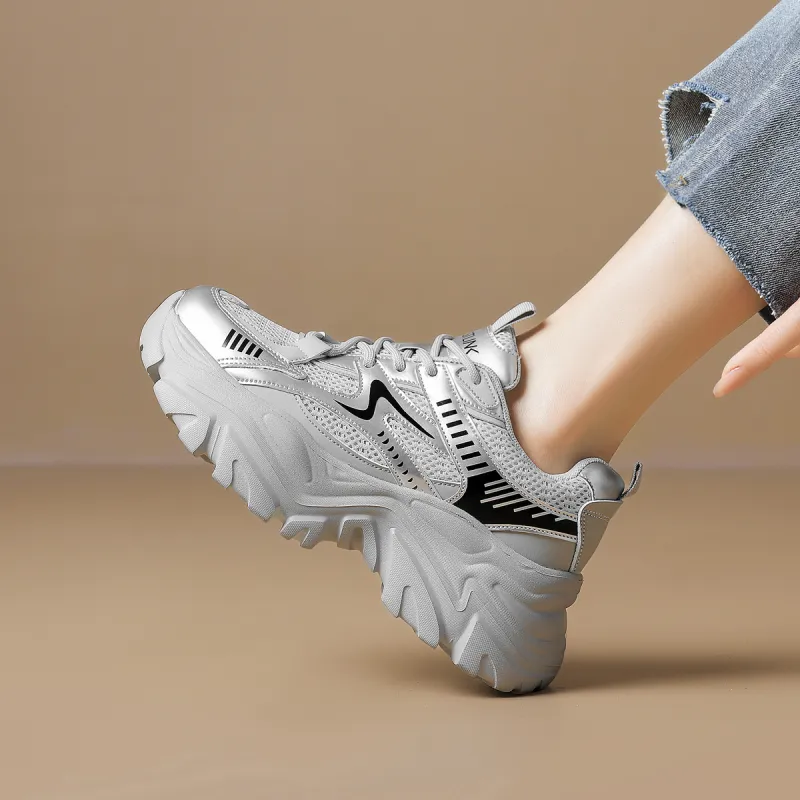 WESTLINK Abrasion Resistant Low Top Chunky Sneakers Women's Silver Gray-5