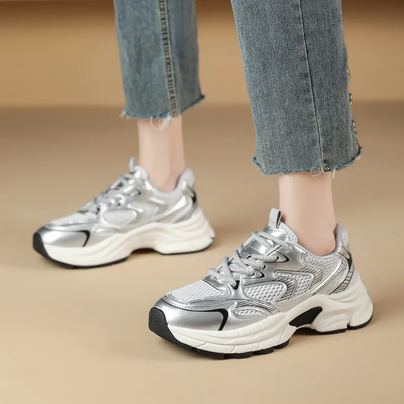 WESTLINK Breathable Lightweight Height Increasing Anti-Slip And Wear-Resistant Low-Top Chunky Sneakers Women's Silver-2