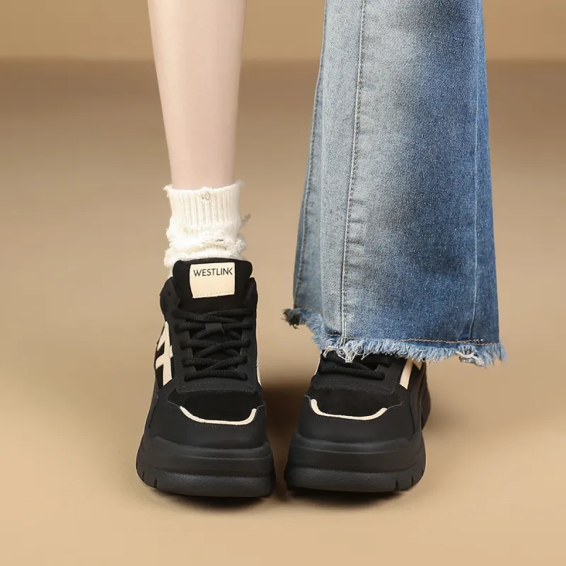 WESTLINK Breathable Lightweight Height Increasing Low-Top Chunky Sneakers Women's Black White-3