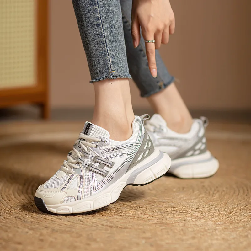 WESTLINK Lightweight Height Increasing Low Top Chunky Sneakers Women's Ecru/Gray-3