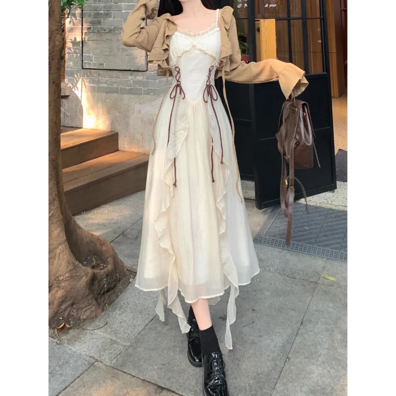 GULIANFEI Cardigan Skirt Set Women's Khaki-2