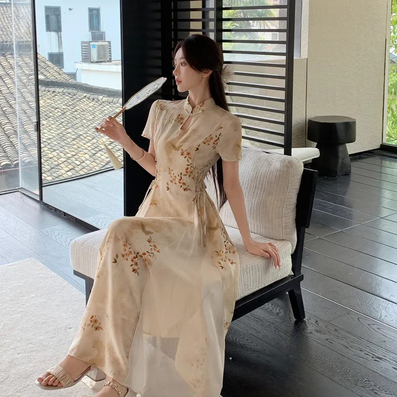 GULIANFEI Short Sleeved Dress Women's Gold Jade Color-4