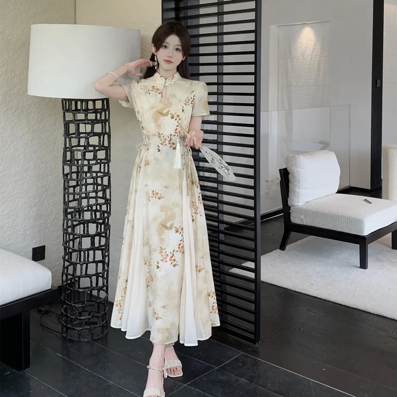 GULIANFEI Short Sleeved Dress Women's Gold Jade Color-3