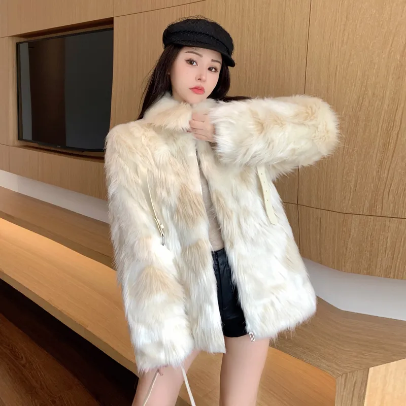 ABBY GODDESS Leather Buckle Plush Premium Faux Fur Coat Women's-3