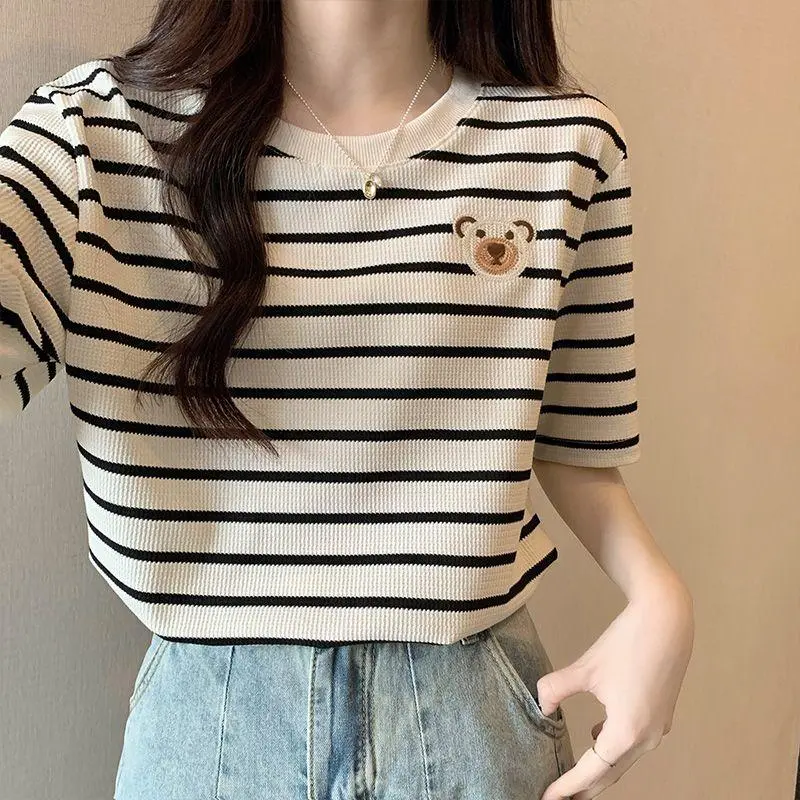 ABBY GODDESS T Shirts Women's Apricot With Black Stripes-5
