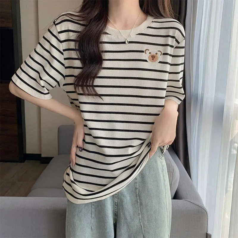 ABBY GODDESS T Shirts Women's Apricot With Black Stripes-3