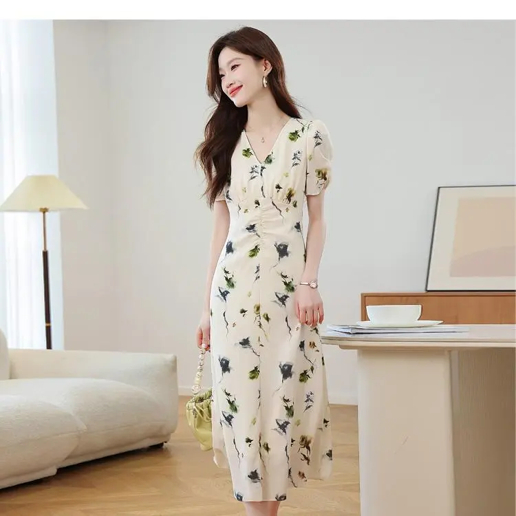 ABBY GODDESS Short Sleeved Dress Women's Beige With Floral-5