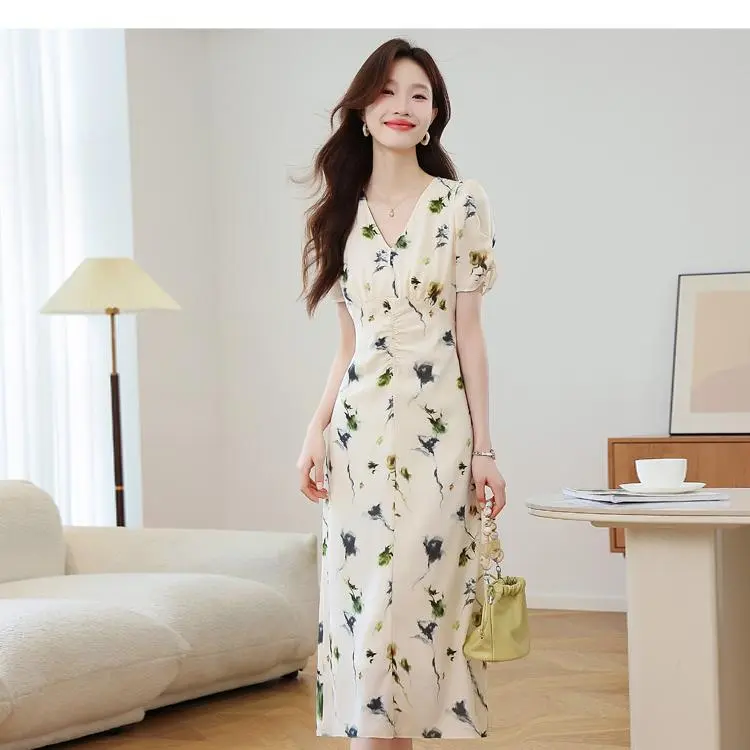 ABBY GODDESS Short Sleeved Dress Women's Beige With Floral-4