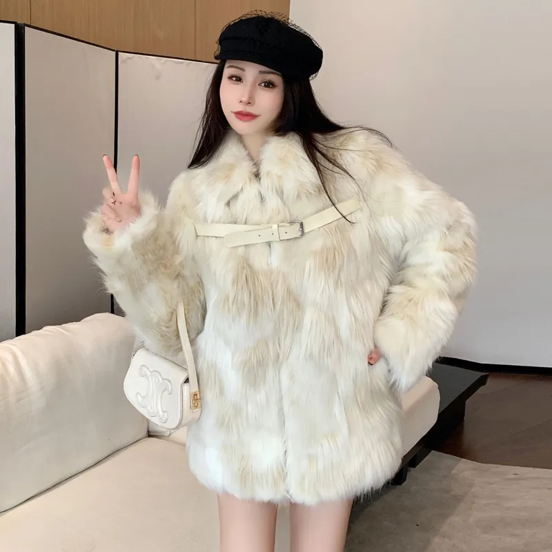 ABBY GODDESS Leather Buckle Plush Premium Faux Fur Coat Women's-2