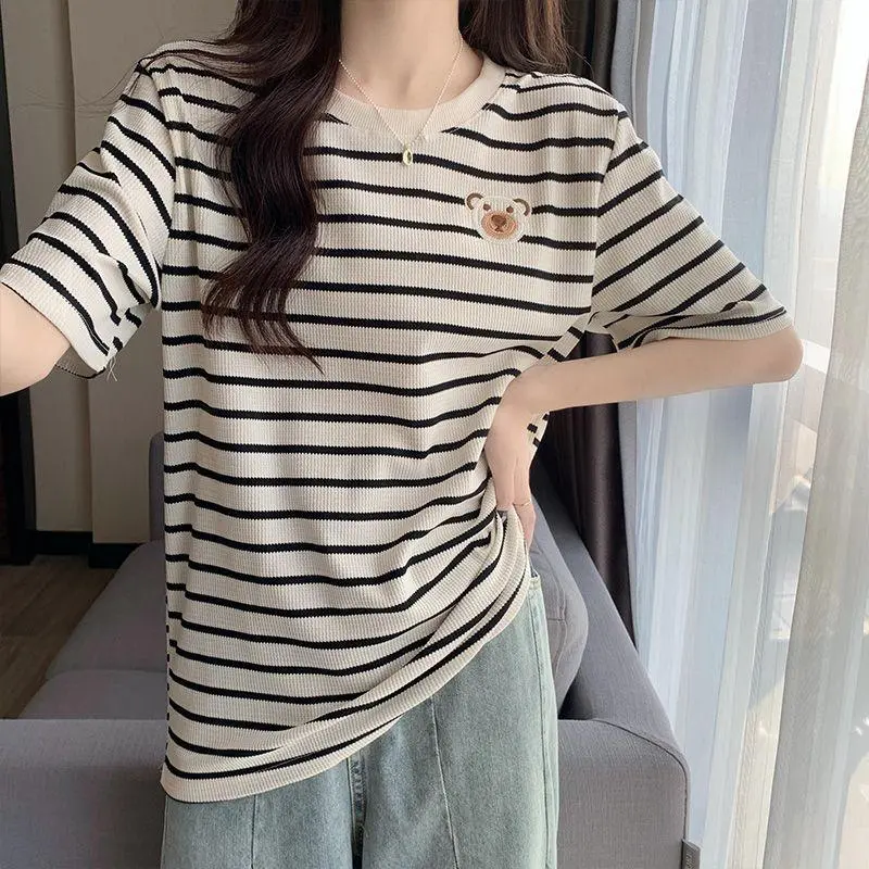 ABBY GODDESS T Shirts Women's Apricot With Black Stripes-4