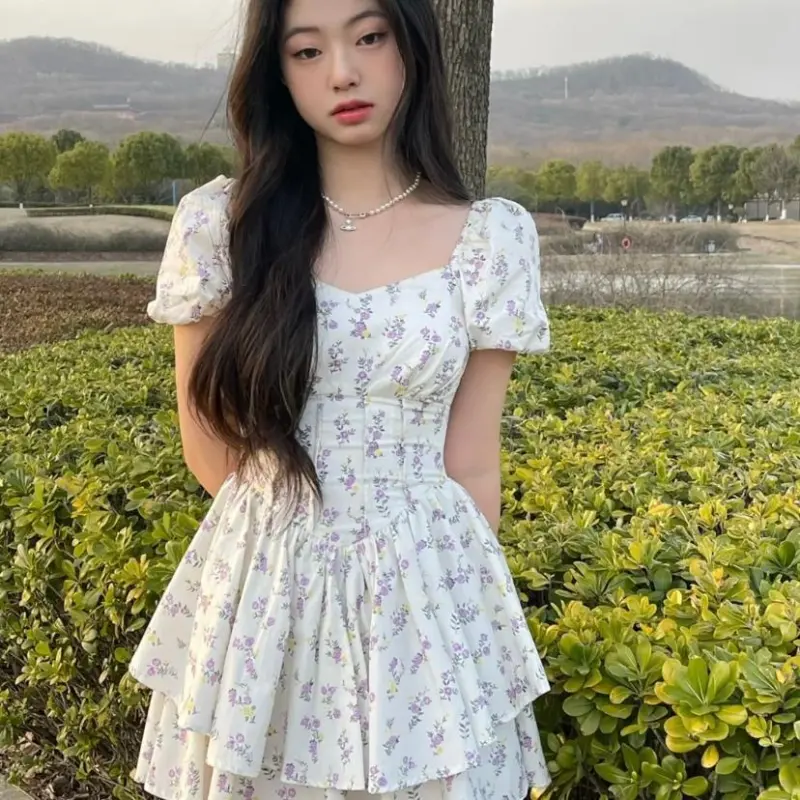 ABBY GODDESS Short Sleeved Dress Women's White Base With Purple Floral-4