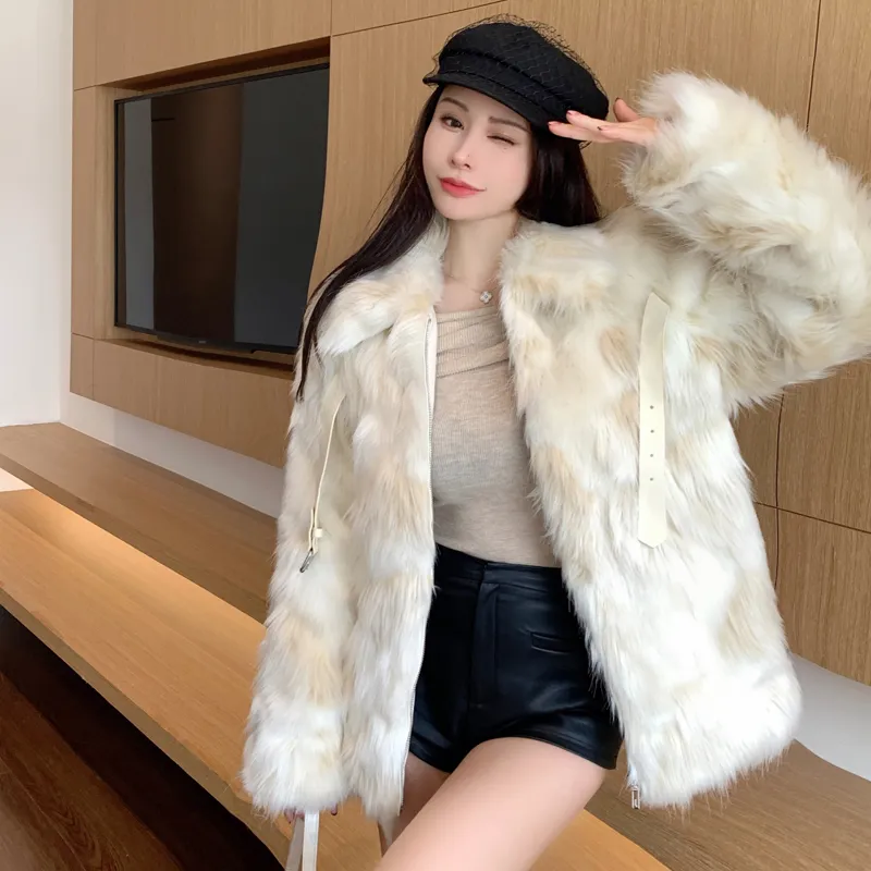 ABBY GODDESS Leather Buckle Plush Premium Faux Fur Coat Women's-4