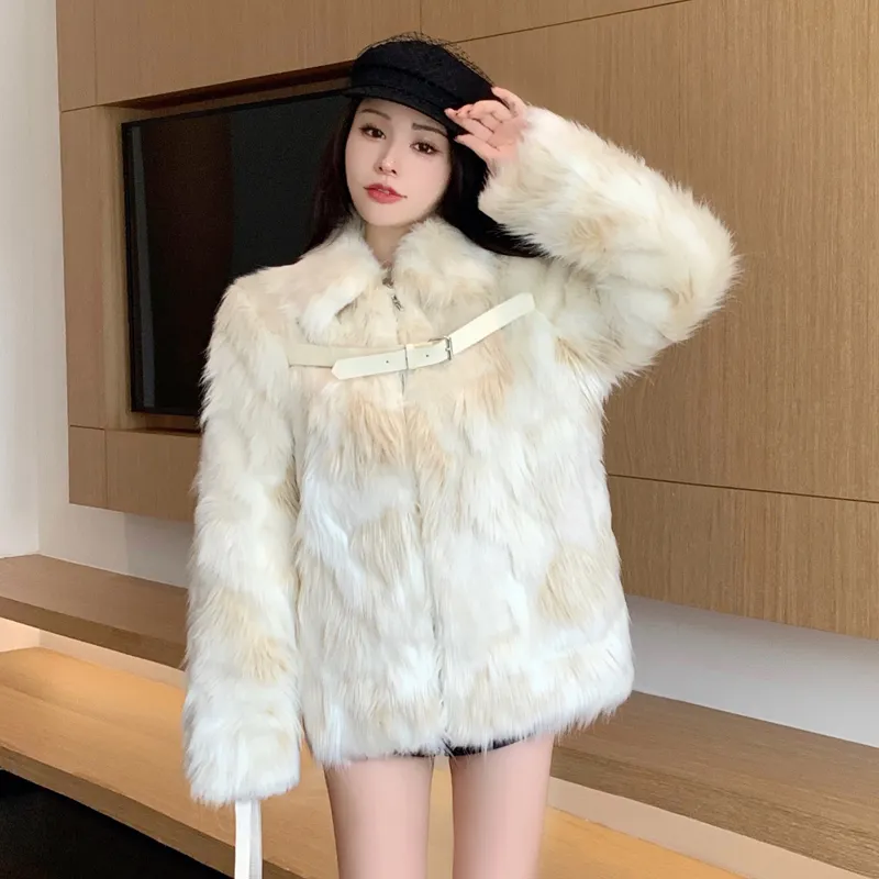ABBY GODDESS Leather Buckle Plush Premium Faux Fur Coat Women's-5