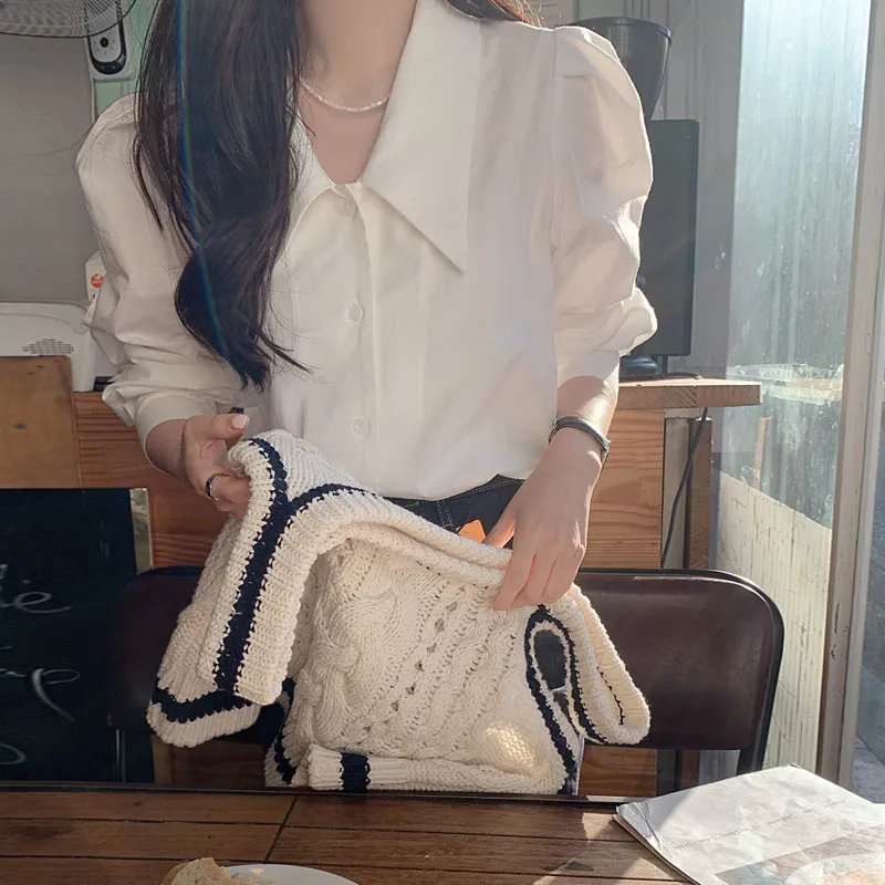 ABBY GODDESS Long Sleeved Lapel Puff Sleeve White Shirt Women's-3