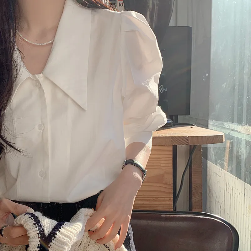 ABBY GODDESS Long Sleeved Lapel Puff Sleeve White Shirt Women's-1