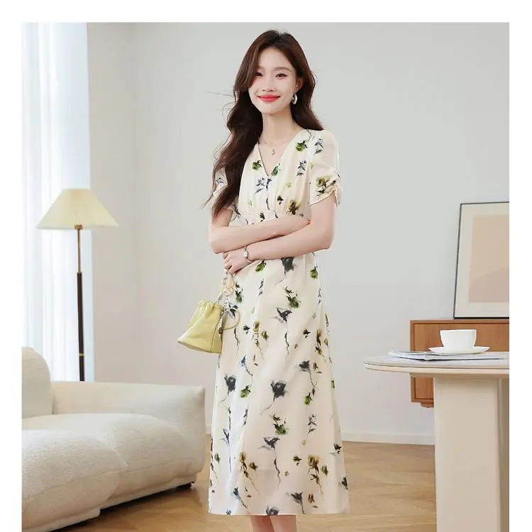 ABBY GODDESS Short Sleeved Dress Women's Beige With Floral-3