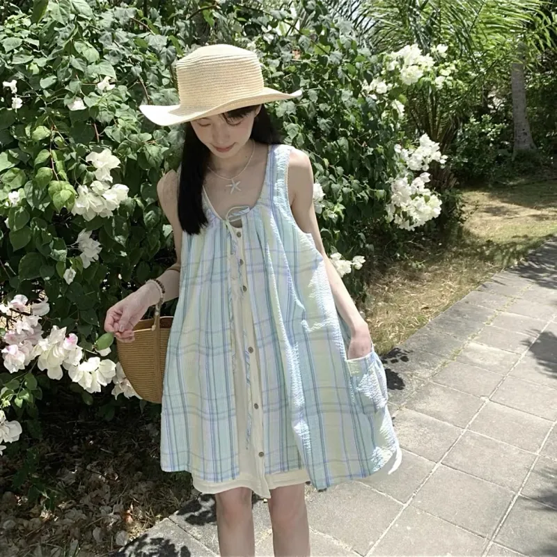 KYKW Sleeveless Dresses Women's Green Plaid-5