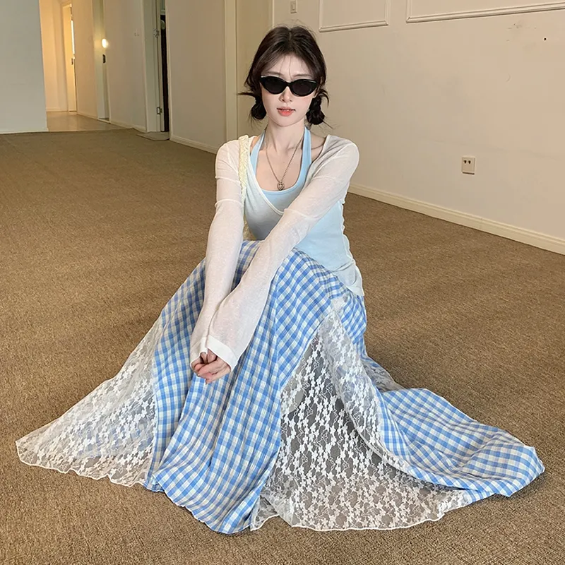 KYKW Two Piece Skirt Sets Women's White Cover Up+Blue Tank Top+Blue Skirt-2