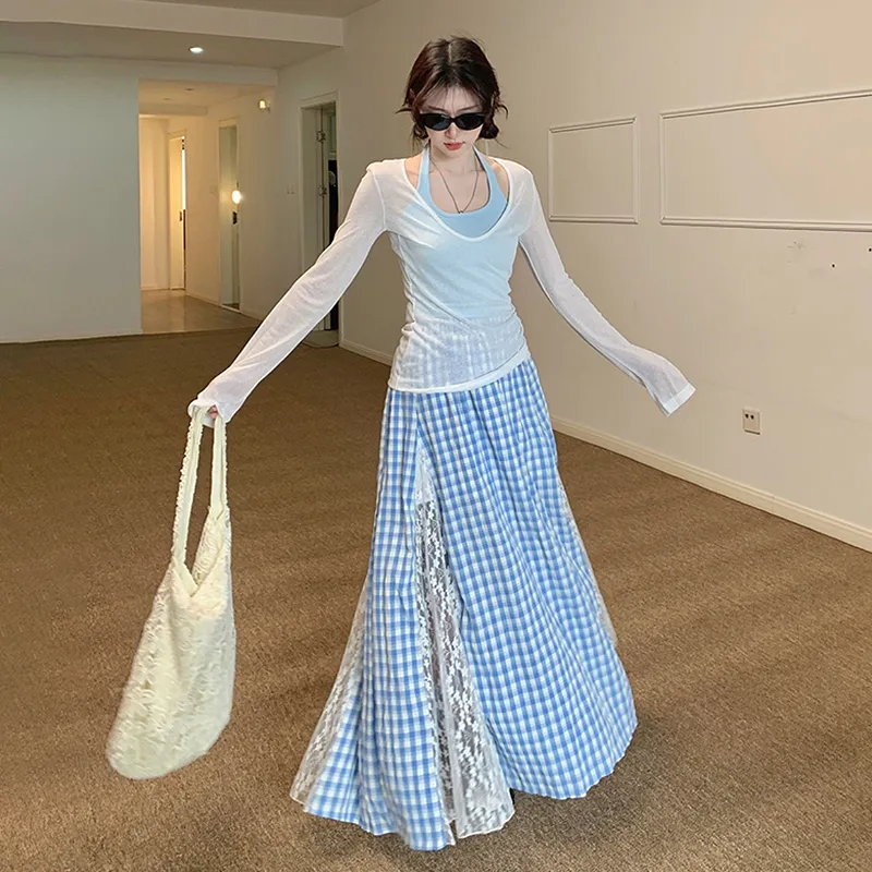 KYKW Two Piece Skirt Sets Women's White Cover Up+Blue Tank Top+Blue Skirt-6