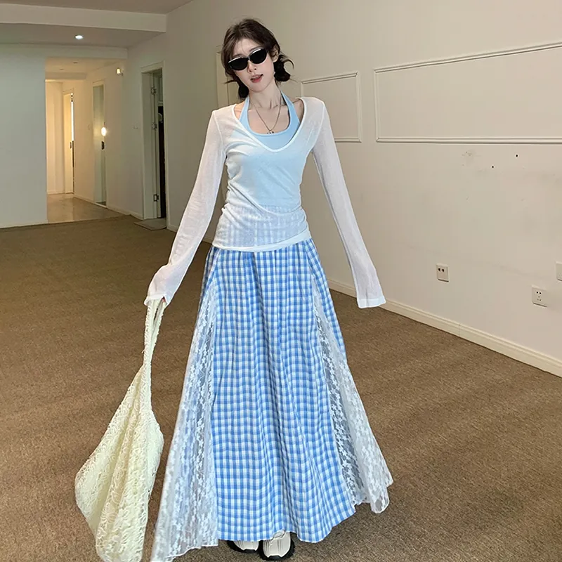 KYKW Two Piece Skirt Sets Women's White Cover Up+Blue Tank Top+Blue Skirt-4
