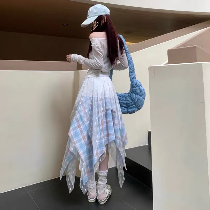 KYKW Casual Long Skirts Women's Blue-3