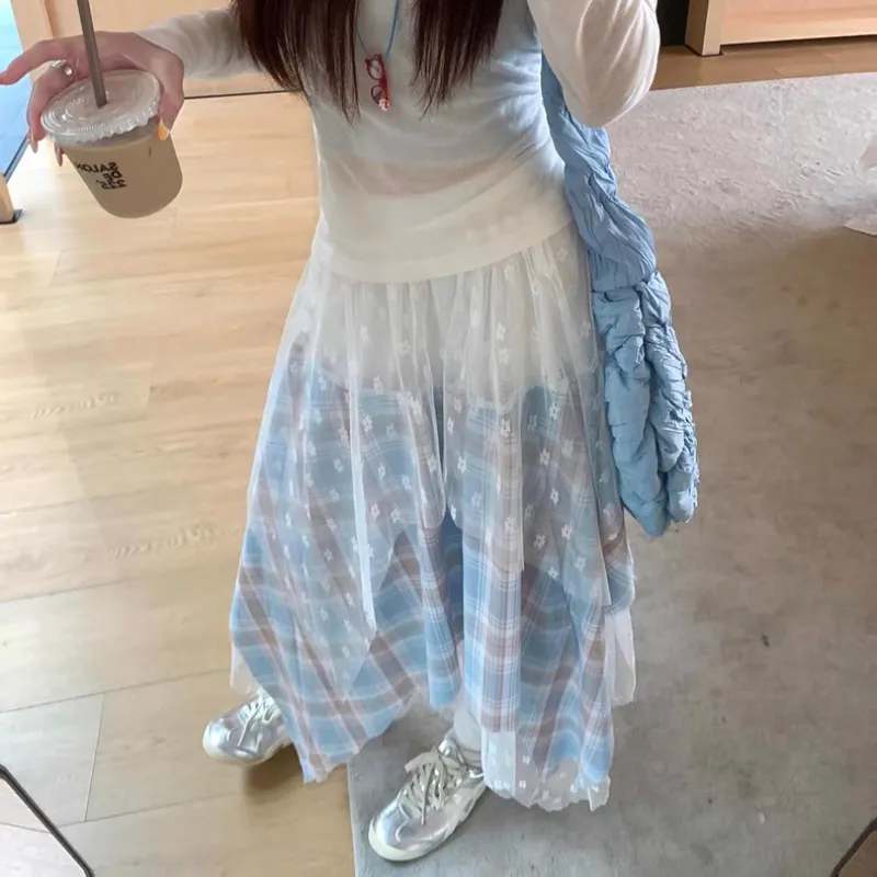 KYKW Casual Long Skirts Women's Blue-2