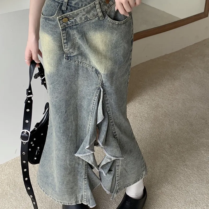 KYKW Denim Long Skirts Women's Blue-4
