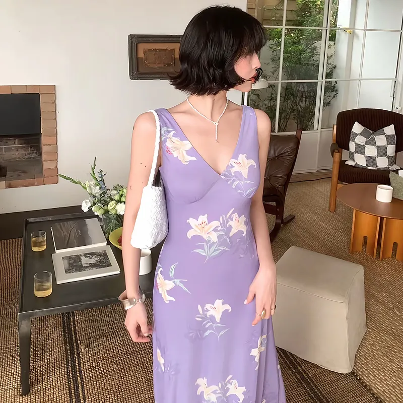 KYKW Sleeveless Dresses Women's Purple, Pattern Random-4