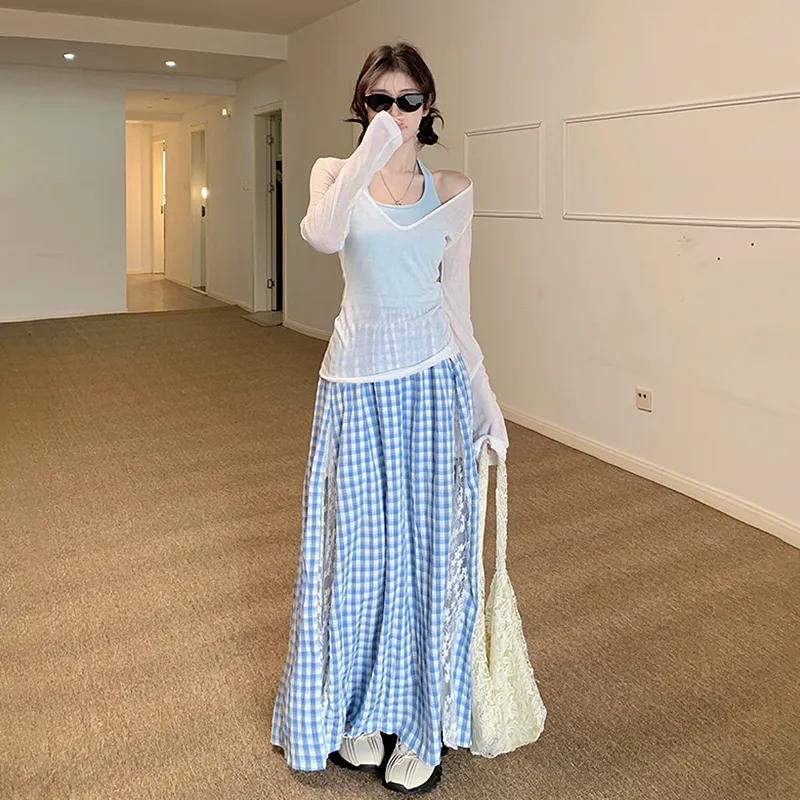 KYKW Two Piece Skirt Sets Women's White Cover Up+Blue Tank Top+Blue Skirt-5