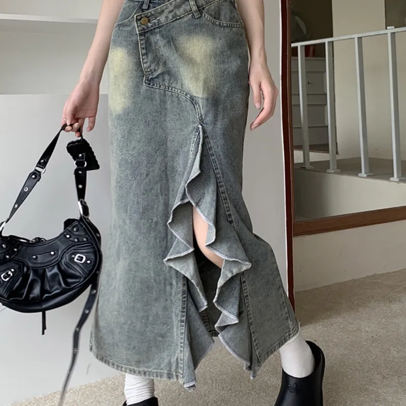 KYKW Denim Long Skirts Women's Blue-3