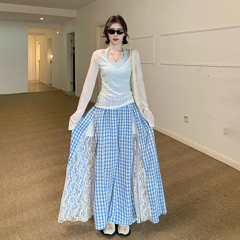 KYKW Two Piece Skirt Sets Women's White Cover Up+Blue Tank Top+Blue Skirt-3