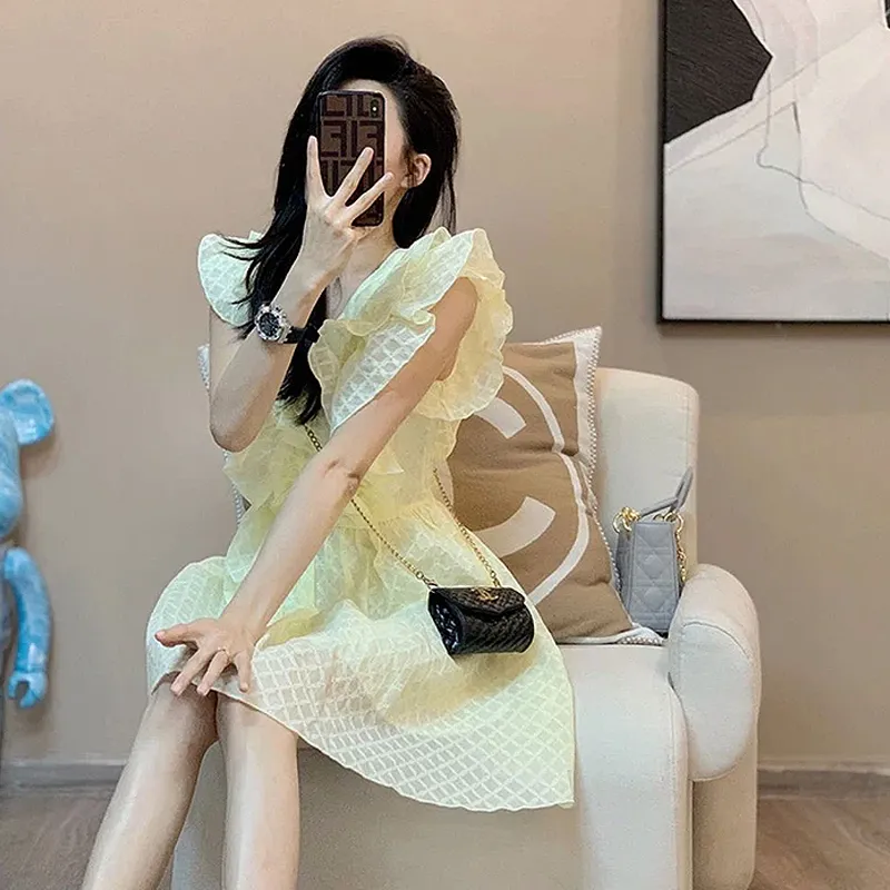 KYKW Short Sleeved Dress Women's Yellow-1