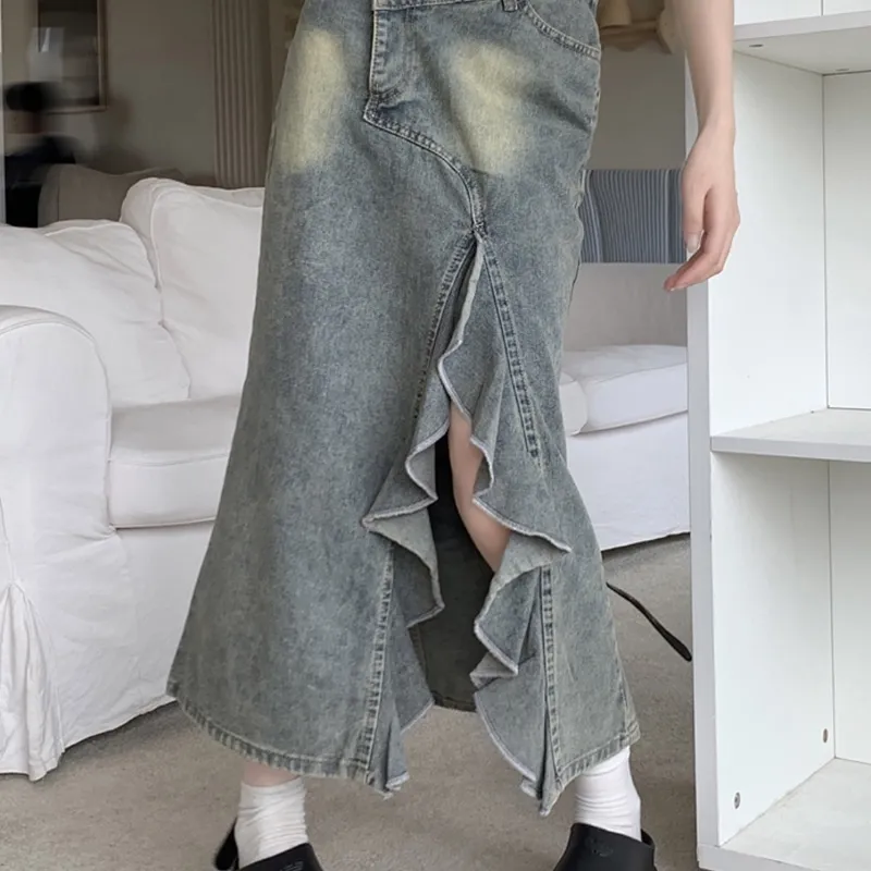 KYKW Denim Long Skirts Women's Blue-2