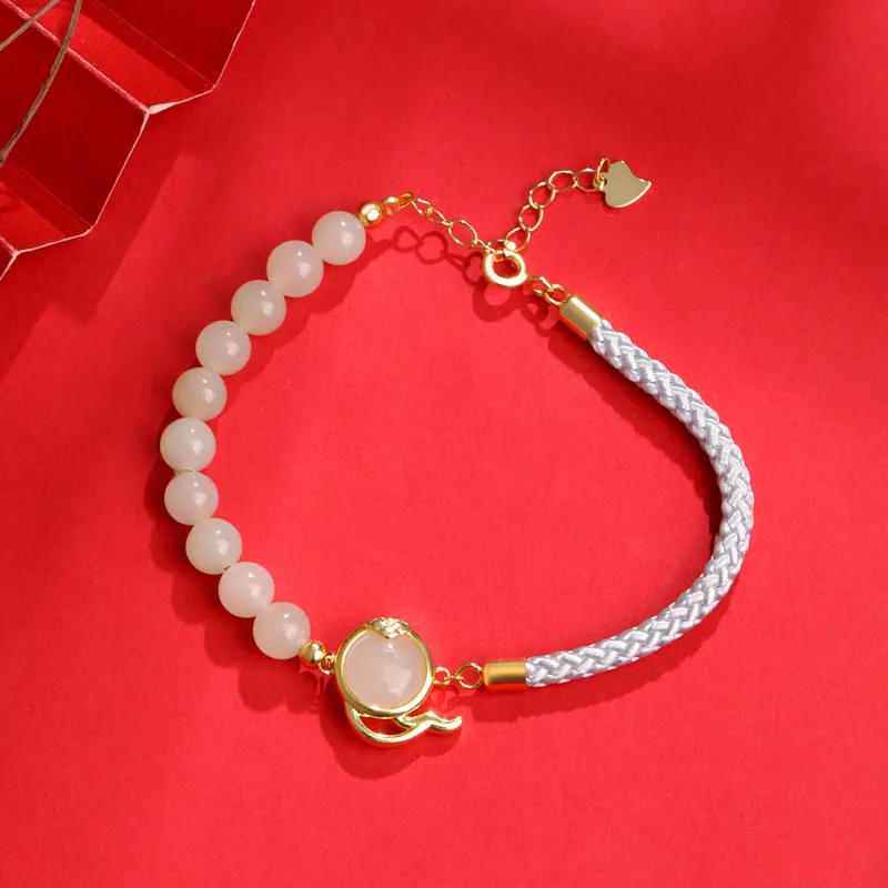 Lao Feng Xiang Hetian Jade S925 Silver Bracelet White Jade/Pale Greenish-White Jade Women's-2