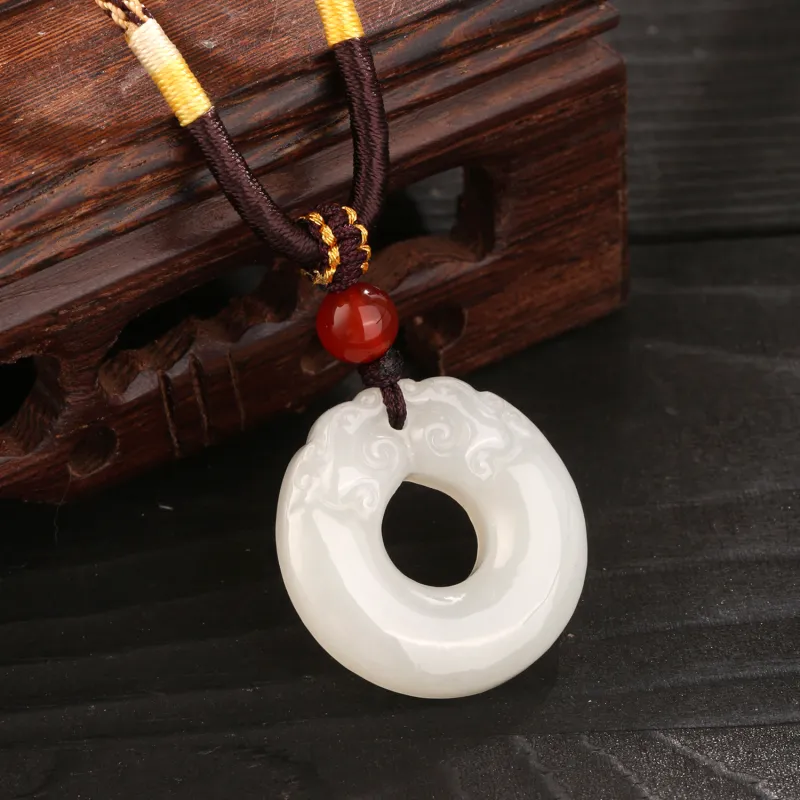 Lao Feng Xiang Hetian Jade Necklaces Pale Greenish White Jade Unisex-4