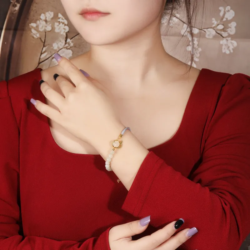Lao Feng Xiang Hetian Jade S925 Silver Bracelet White Jade/Pale Greenish-White Jade Women's-4