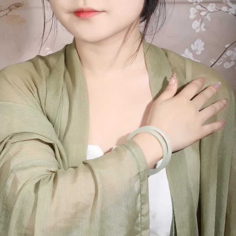 Lao Feng Xiang Hetian Jade Bangles Pale Greenish White Jade Women's-4