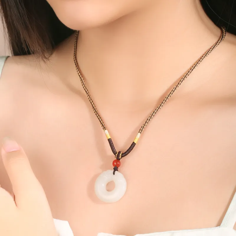 Lao Feng Xiang Hetian Jade Necklaces Pale Greenish White Jade Unisex-1
