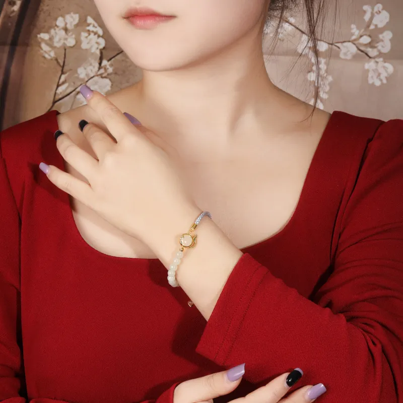 Lao Feng Xiang Hetian Jade S925 Silver Bracelet White Jade/Pale Greenish-White Jade Women's-8