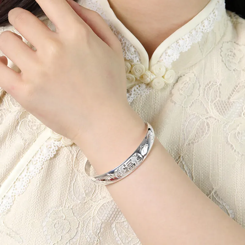 LAOYINJIANG Solid Slide Adjustable Blessing Character Mom Bangle Women's-2