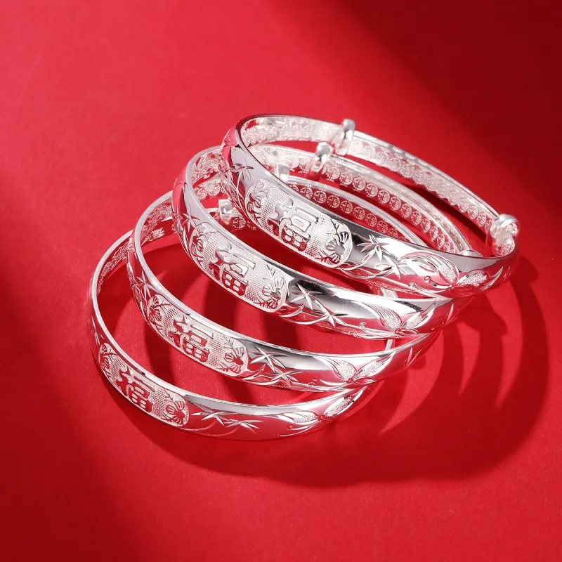 LAOYINJIANG Solid Slide Adjustable Blessing Character Mom Bangle Women's-6