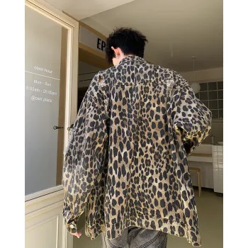 TESTUNG Denim Jacket Unisex Leopard Print