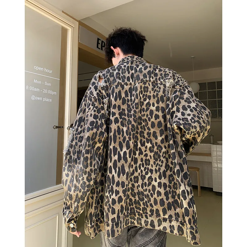 TESTUNG Denim Jacket Unisex Leopard Print-0