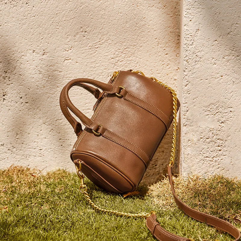 Bullrun Cow Leather Boston Bag Handbag Women's Vegetable Tanned Brown-3