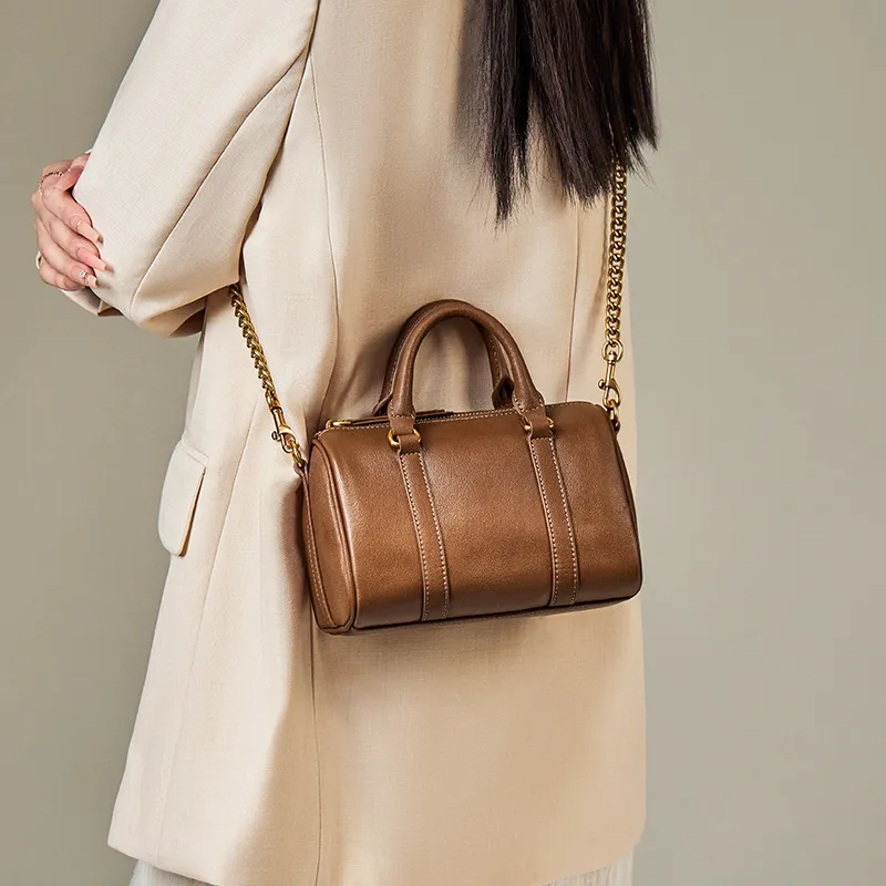 Bullrun Cow Leather Boston Bag Handbag Women's Vegetable Tanned Brown-4
