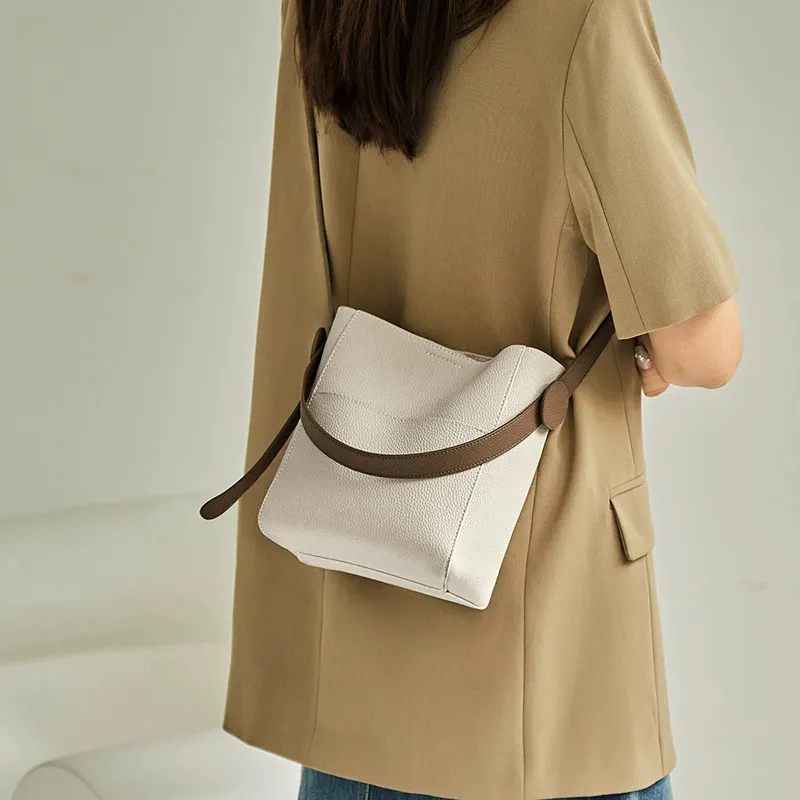 Bullrun Cow Leather With Synthetic Leather Bucket Bag Handbag Women's Ecru-1