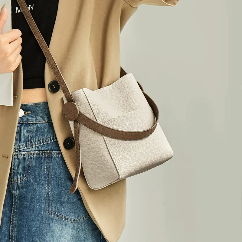 Bullrun Cow Leather With Synthetic Leather Bucket Bag Handbag Women's Ecru-2